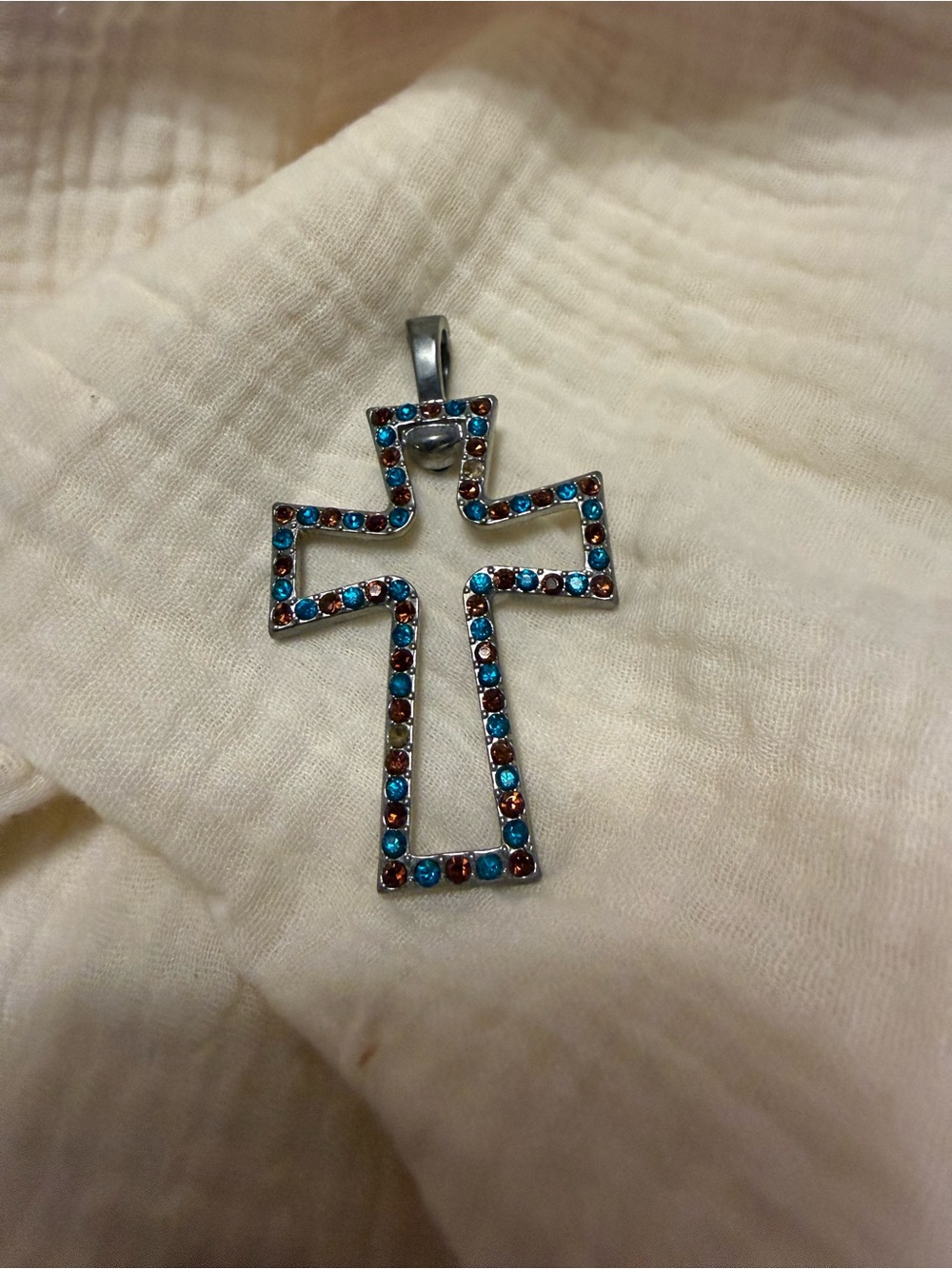 Source Unknown Silver-Tone Cross Pendant with Blue and Pink Crystals